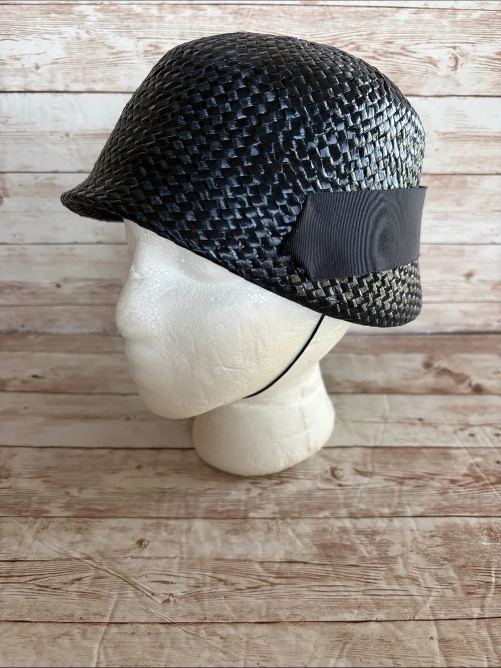 Vintage Navy Woven Cloche Hat with Grosgrain Band - Picture 4 of 7